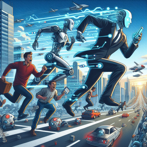 MS 빙 이미지 크리에이터에서 'AI와의 일자리 경쟁으로 고민하는 인간'이라는 프롬프트로 생성한 이미지.